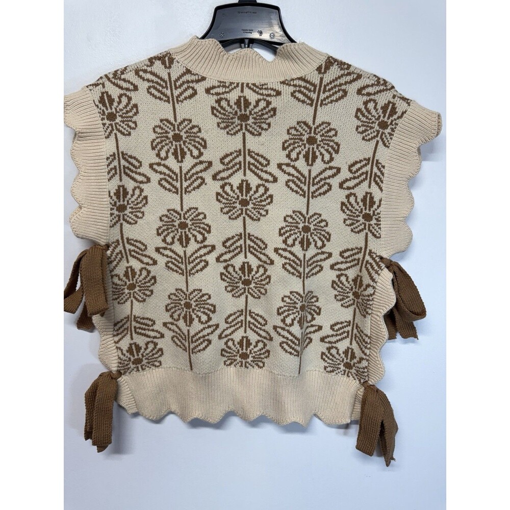 &merci Floral Jacquard Sweater Vest Cream Brown Side Tie Bow Scallop Sz M NWT - Picture 9 of 14